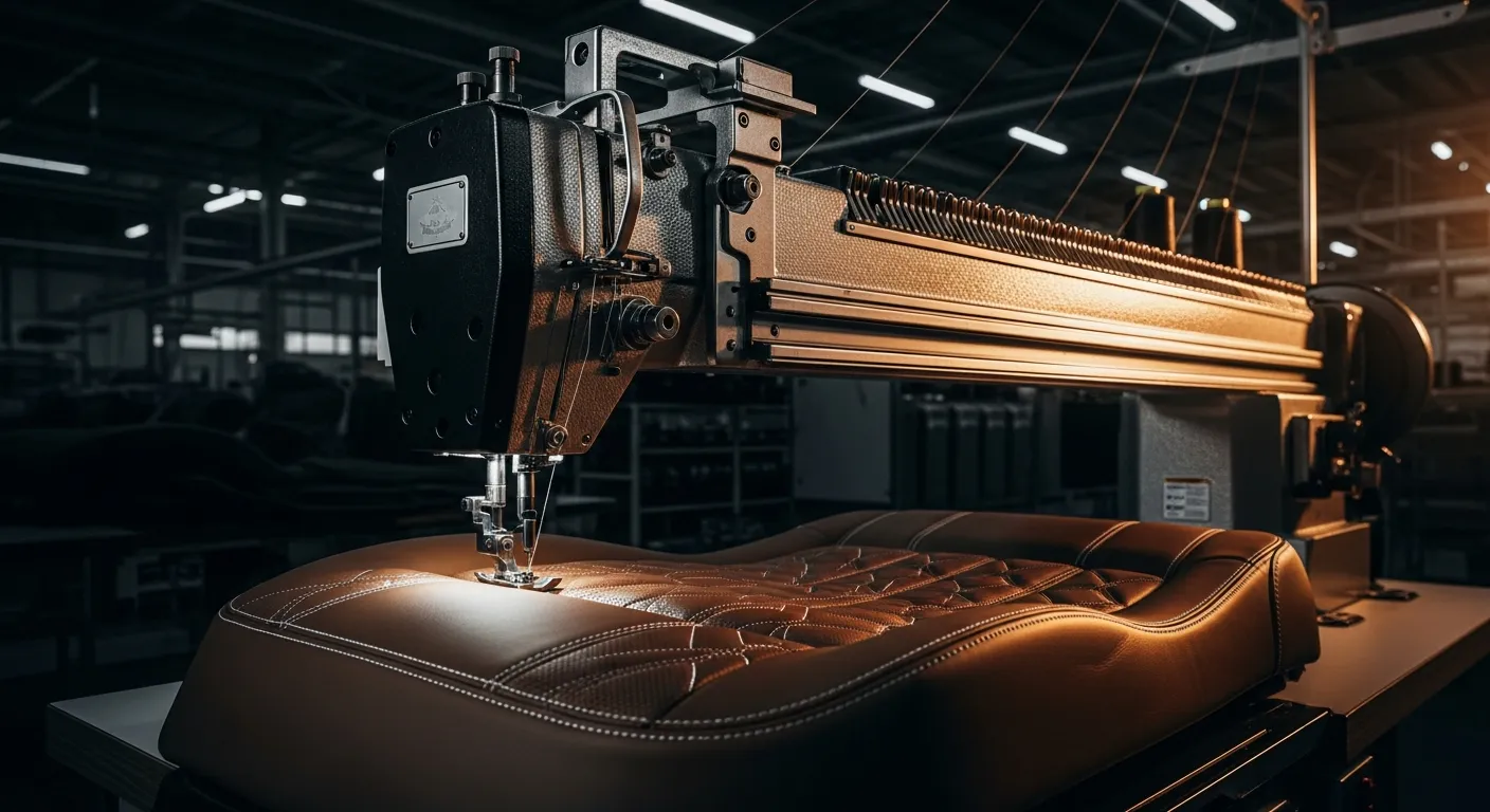 A heavy-duty long-arm industrial sewing machine stitching a leather automotive seat cover in a dark plant