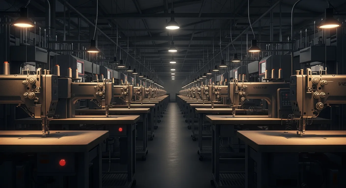 A long aisle of automated industrial sewing workstations in a dark manufacturing plant