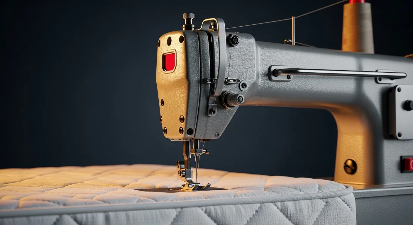 La 1390HCA Máquina Automática de Ribete y Asas, un cabezal de máquina de coser de acero cepillado contra un fondo oscuro