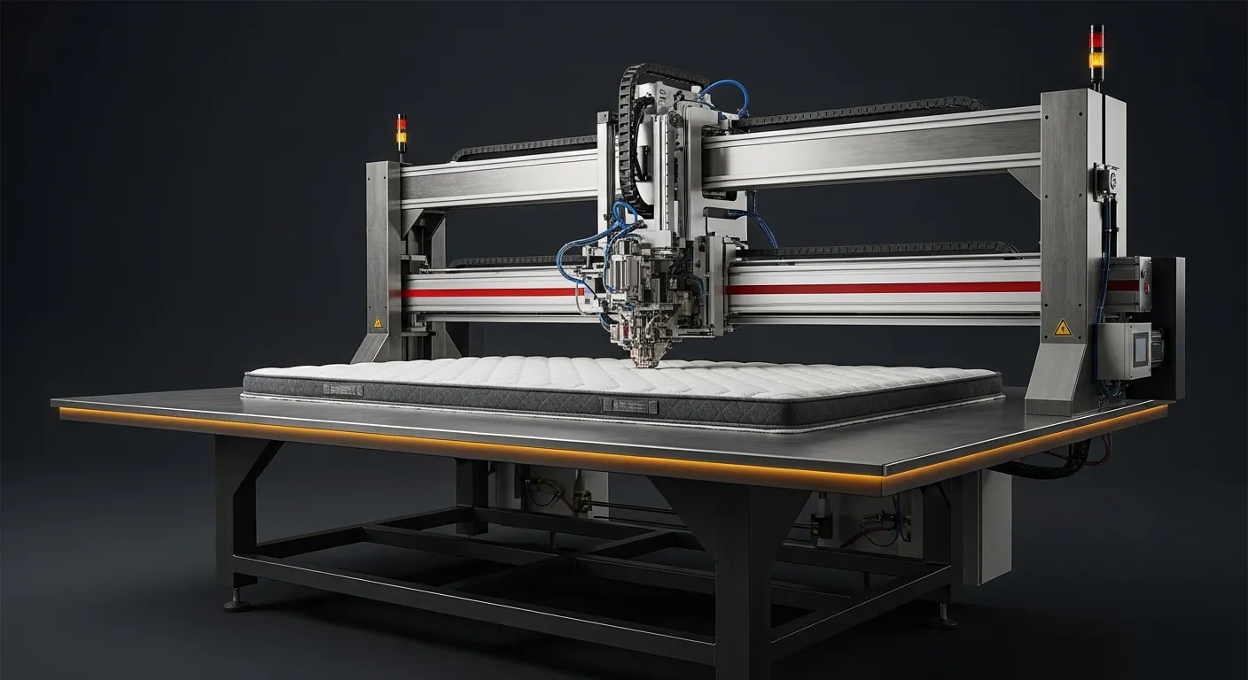La 4400 Estación Automática de Panel, un cabezal de máquina de coser de acero cepillado contra un fondo oscuro