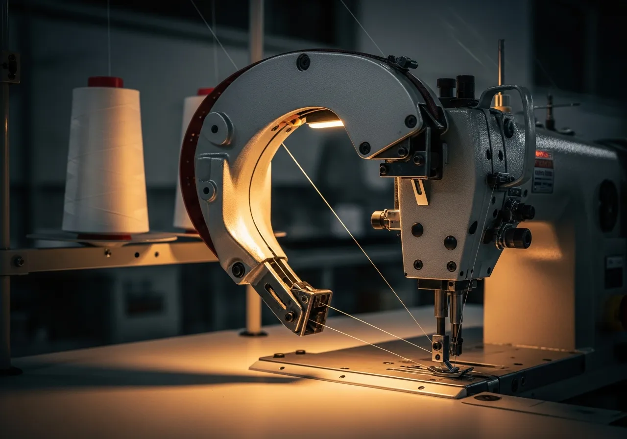 Un cabezal de máquina industrial de cierre de borde para colchones con un cono de hilo